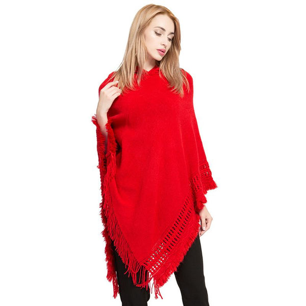 Autumn And Winter Women Large Size Knitted Cashmere-like Tassel Shawl With Cap