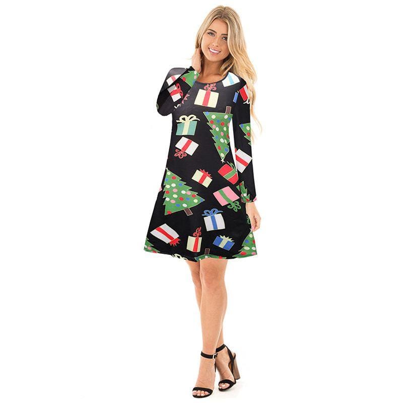 Women Long Sleeves Cartoon Christmas Element Printed Bottoming Dress