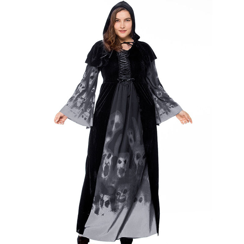 Fat Lady Plus Size Witch's Long Pattern Skull Printed Halloween Costume