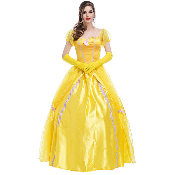 Adult Lady Cosplay Dress Classic Character Princess Belle Halloween Costume With Gloves