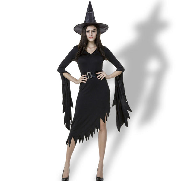 All Black Irregular Witch's Dress Halloween Cosplay Party Costume