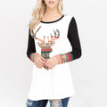 Fashion Women Color Blocking Long Sleeves Christmas Elk Print Casual T-shirt