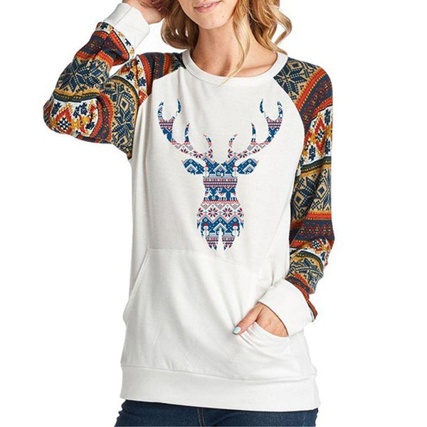 Women Christmas Elk Printed Long Sleeves Patchwork Sweatshirts