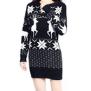 Christmas Elk Snowflake Knitted Round Neck Slimming Long Pattern Sweater Dress
