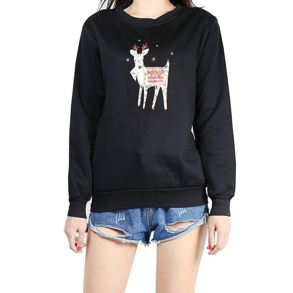 Women Simple Design Solid Color Little Elk Printed Round Neck Christmas Sweatshirt