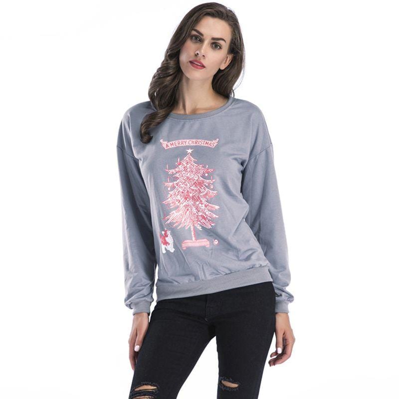 Women Outdoor Casual Style Simple Solid Color Christmas Tree Print Long Sleeves Sweatshirt