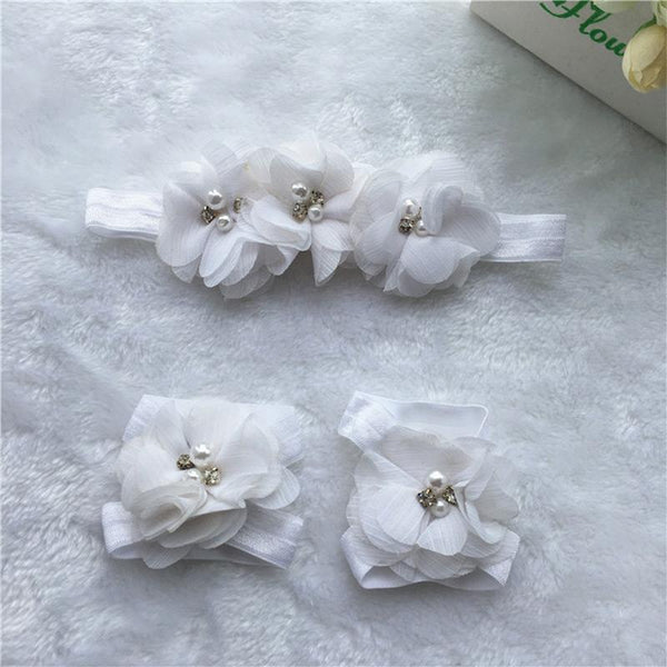 3 Pcs Set Baby Girls  Chiffon Handmade Beaded Flower Headbands And Sandals