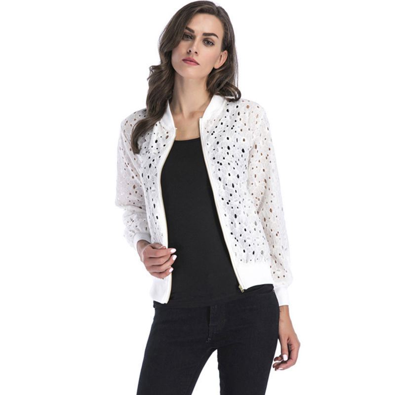 Fashion Lady Solid Color Hollow Woven Lace Zipper Short Coat