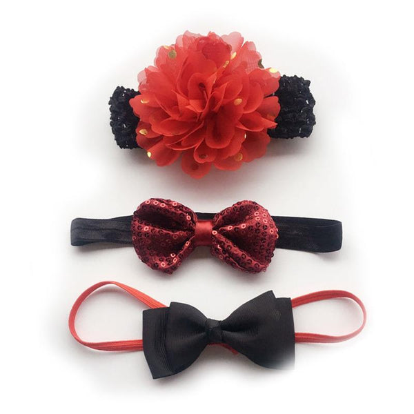 3Pcs Set Baby Girls  Chiffon Flower Sequin Printed Bowknot Sweet Headbands
