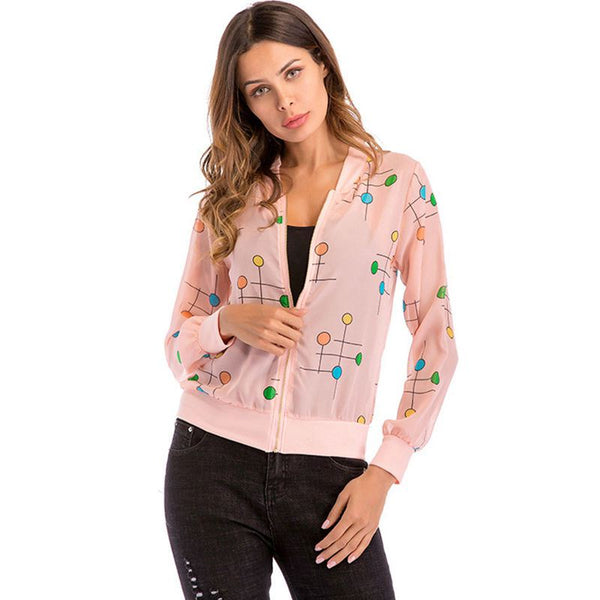 Fashion Dot Printed Sweet Young Lady Pink Mesh Long Sleeves Zipper Coat