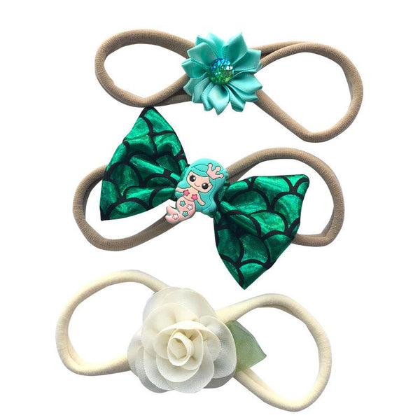 3Pcs Set Baby Girls Nylon  Fish Scale Fabric Mermaid Bowknot Flower Festival Party Headbands