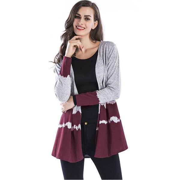 Fashion Women Color Block Pattern Casual Long Sleeves Knitted Cardigan