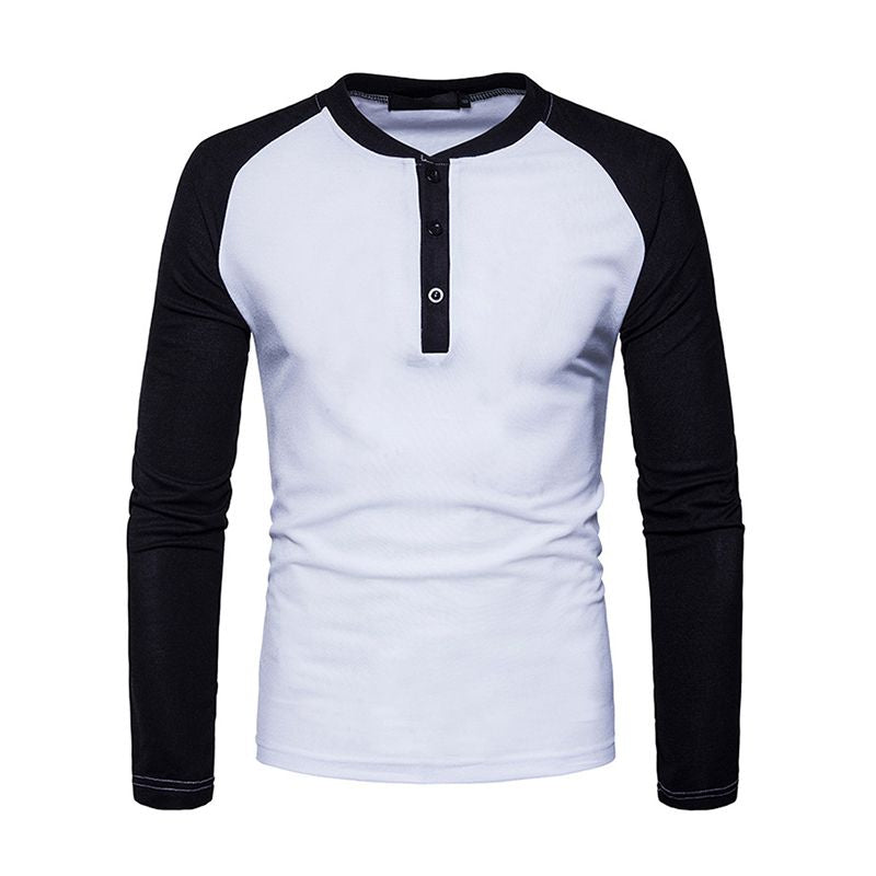 Fashion Men Cotton Round Neck Color Blocking Long Sleeves Patchwork Tops