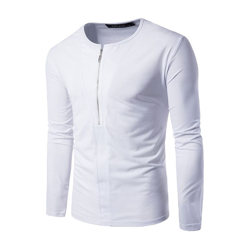 Hot Selling Men Cotton White Black Solid Color Long Sleeves Zipper Casual Tops