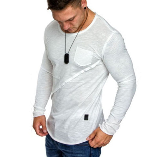 Men Cotton Solid Color Long Sleeves Round Neck Patchwork Casual Tops