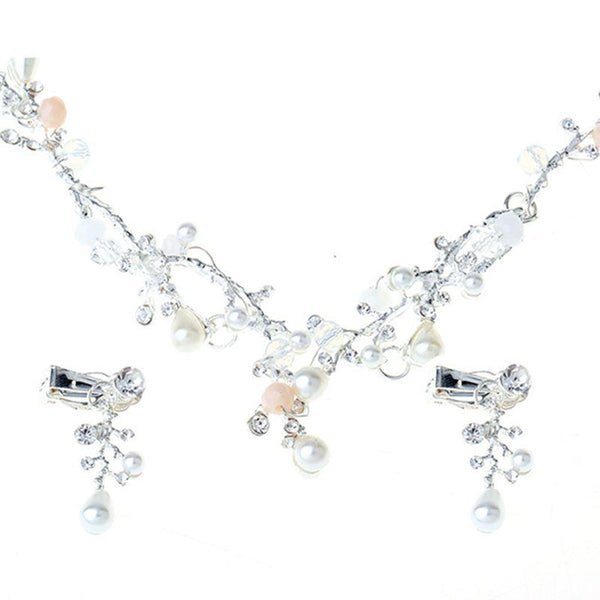 Hot Selling Style Women Fashion Jewelry Set Shiny Rhinestone Pearl Decorated Necklace Earrings Set