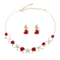 Women Fashion Creative Design Alloy Red Rose Decoration Necklace Clip Earrings Set