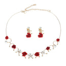 Women Fashion Creative Design Alloy Red Rose Decoration Necklace Clip Earrings Set