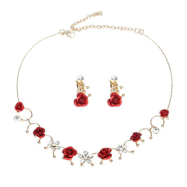 Women Fashion Creative Design Alloy Red Rose Decoration Necklace Clip Earrings Set