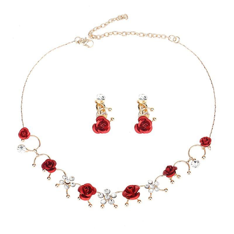 Women Fashion Creative Design Alloy Red Rose Decoration Necklace Clip Earrings Set
