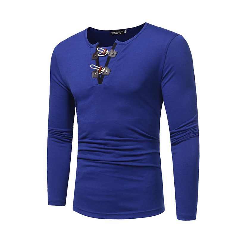 Fashion Men Cotton Solid Color Round Neck Long Sleeves Slim Fit Tops