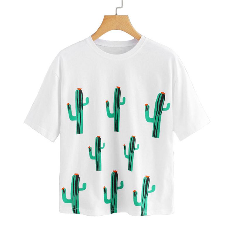 Fashion All Season Wear Women Top Cute Cactus Printed Short Sleeves T-shirt