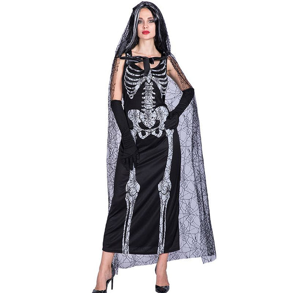 Horrible Halloween Party Costume Women Skull Party Dress With Cloak