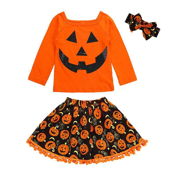 3 Pcs Set Cute Girls Cotton Halloween Pumpkin Printed Long Sleeves Tops And Tassels Skirt And Headband