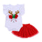 2 Pcs Set Christmas Elk Printed Ruffle Sleeves Romper And Red Tutu Skirt