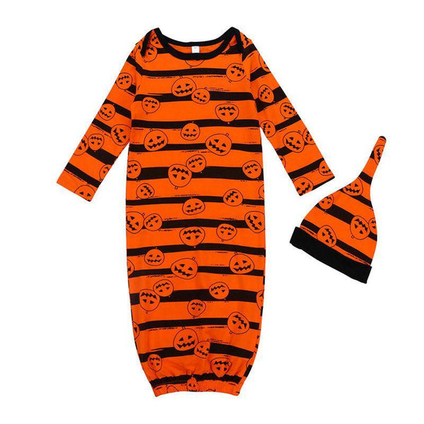 2 Pcs Set Cotton Baby Halloween Pumpkin Stripes Printed Long Sleeves Sleeping Bag With Hat