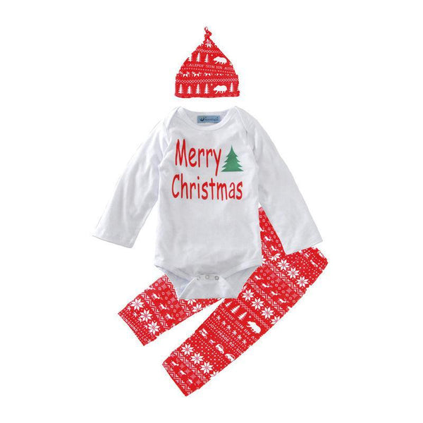 3 Pcs Set Baby Unisex Christmas Cotton Long Sleeves Xmas Tree Letter Printed Bodysuit With Red Hat And Pants