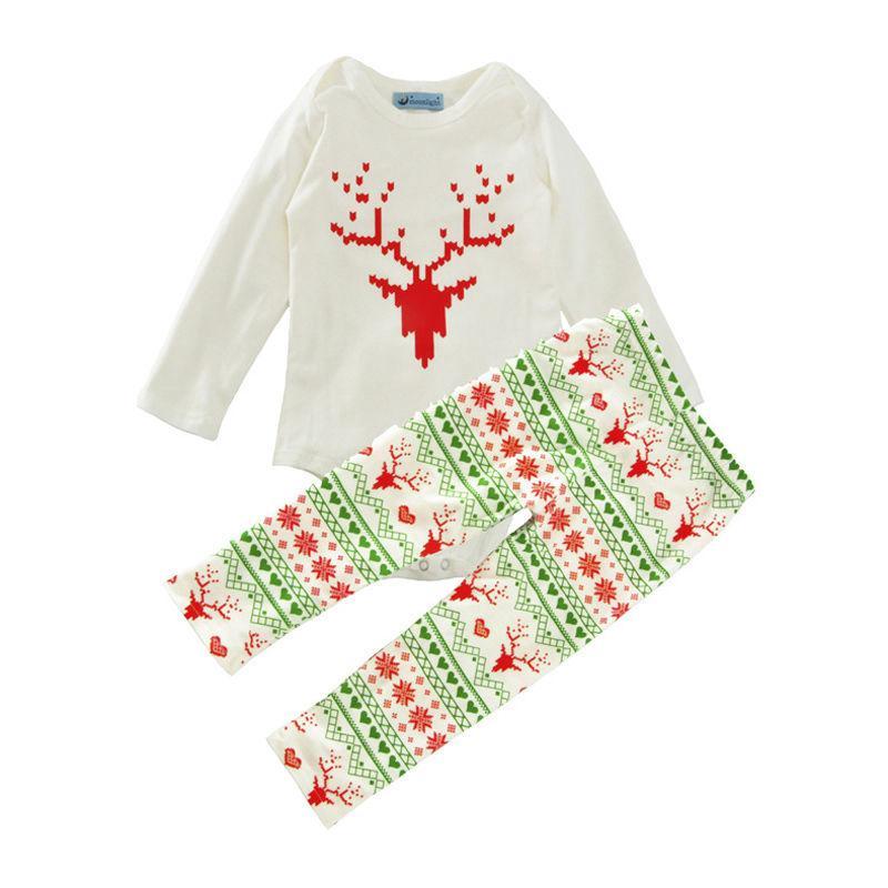 2 Pcs Set Baby Unisex Cotton Red Elk Printed Long Sleeves Christmas Bodysuit And Pants
