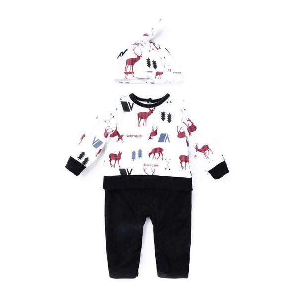 2Pcs Set Baby Unisex Christmas Cotton Long Sleeves Multicolor Elk Printed Romper With Hat