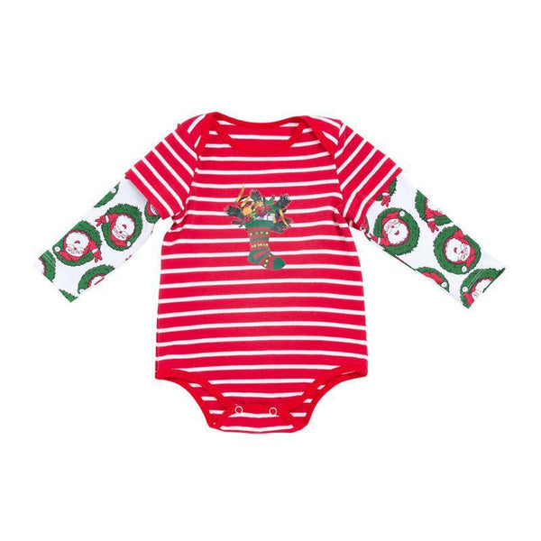 Baby Unisex Long Sleeves Cotton Santa Claus Red Stripes Printed Christmas Bodysuit