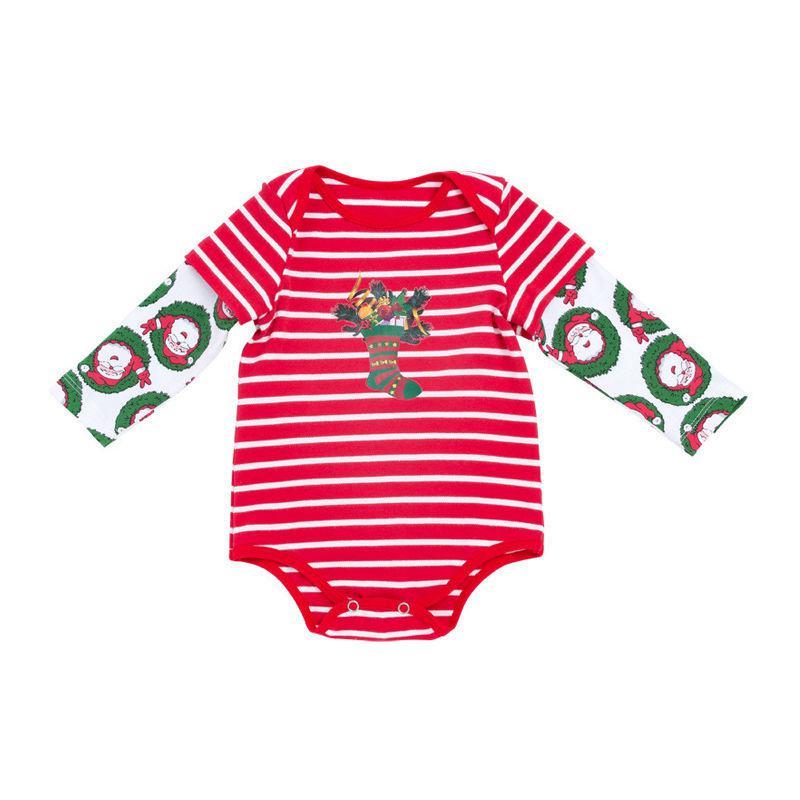 Baby Unisex Long Sleeves Cotton Santa Claus Red Stripes Printed Christmas Bodysuit