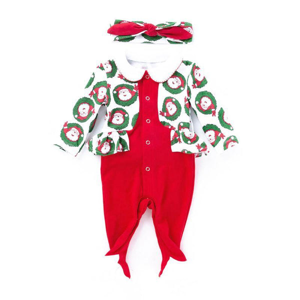 Baby Girl Christmas Lovely Santa Claus Printed Long Sleeves Romper Set With Bowknot Headband
