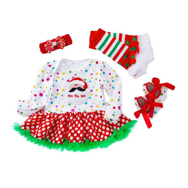 4 Pcs Set Baby Girls Christmas Red Green Dot Printed Long Sleeves Tutu Bodysuit