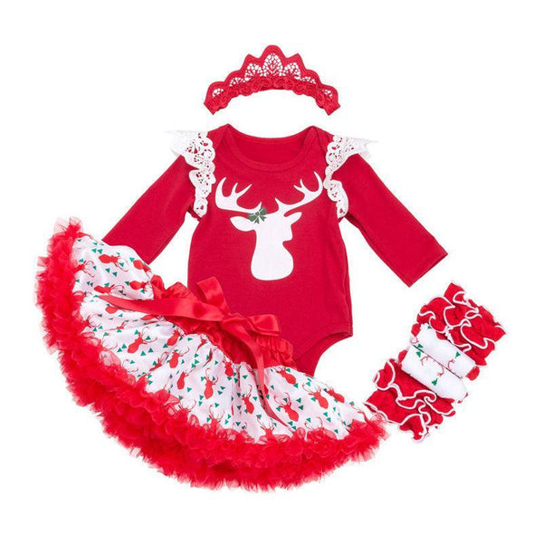 4 Pcs Set Christmas Baby Girl Red Long Sleeves Bodysuit And Santa Claus Printed Tutu Skirt