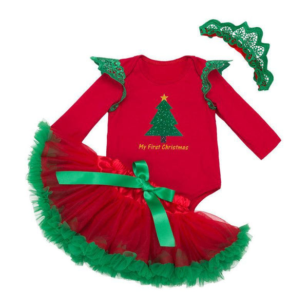 3 Pcs Set Baby Girl Christmas Red Long Sleeves Bodysuit And Green Bowknot Tutu Skirt