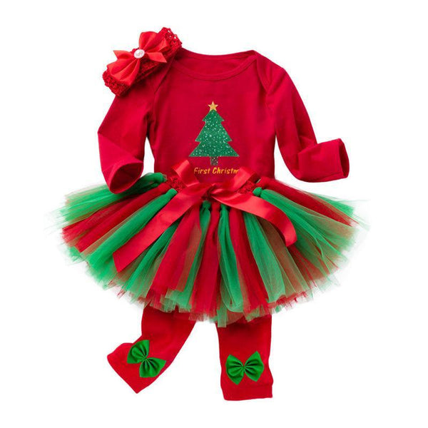 4 Pcs Set Baby Girl Christmas Cotton Red Bodysuit And Color Blocking Tutu Skirt