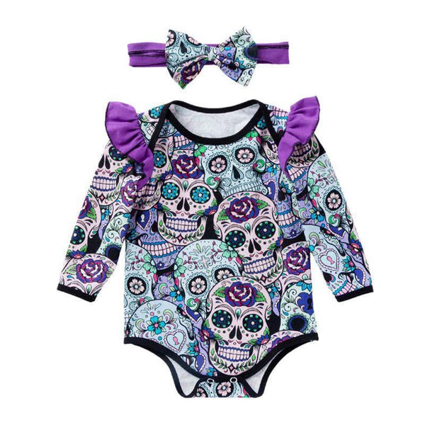 2 Pcs Set Halloween Baby Girl Cotton Skull Printed Long Sleeves Bodysuit With Headband