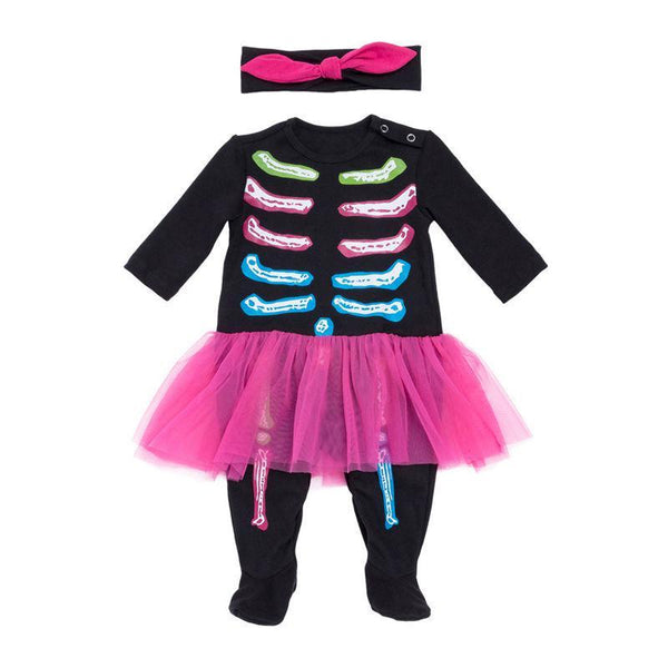 2 Pcs Set Halloween Baby Girl Cotton Bone Pattern Long Sleeves Romper With Headband
