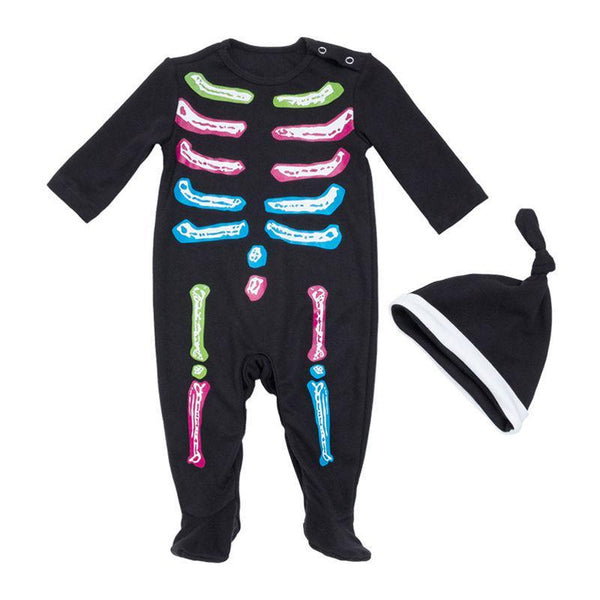 2 Pcs Set Halloween Baby Unisex Cotton Bone Pattern Long Sleeves Romper With Hat