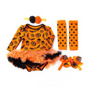 4 Pcs Set Baby Girl Halloween Pumpkin Printed Bodysuit And Color Blocking Tutu Skirt