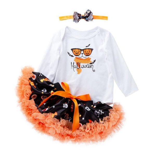 3 Pcs Set Halloween Baby Girl Letter Printed Long Sleeves And Orange Bowknot Tutu Skirt
