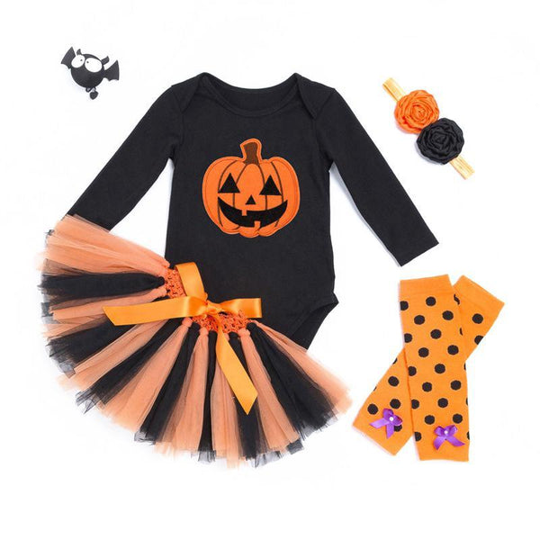 3 Pcs Set Halloween Baby Girl Black Cotton Pumpkin Printed Bodysuit And Color Blocking Tutu Skirt