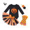 3 Pcs Set Halloween Baby Girl Black Cotton Pumpkin Printed Bodysuit And Color Blocking Tutu Skirt