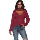 Women Irregular Cross Pattern Sexy V Neck Long Sleeves Sweater