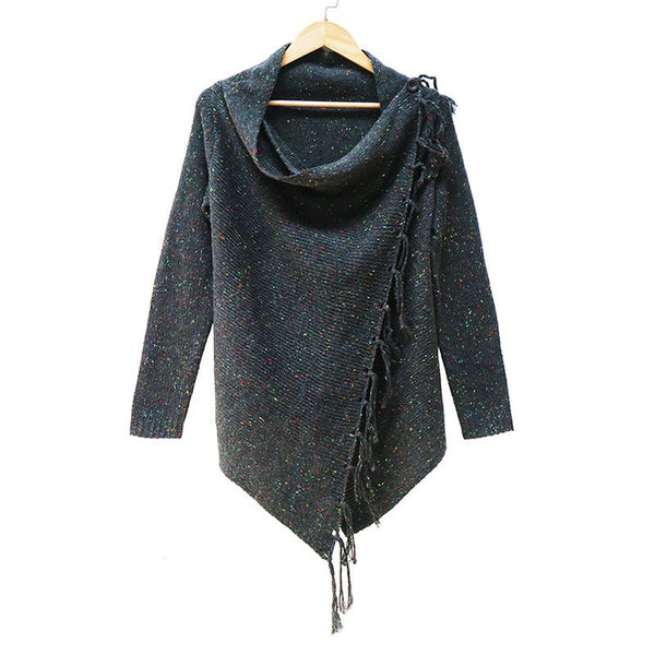 Hot Selling Style Women Irregular Long Sleeves Knitted Sweater With Tassel And Button