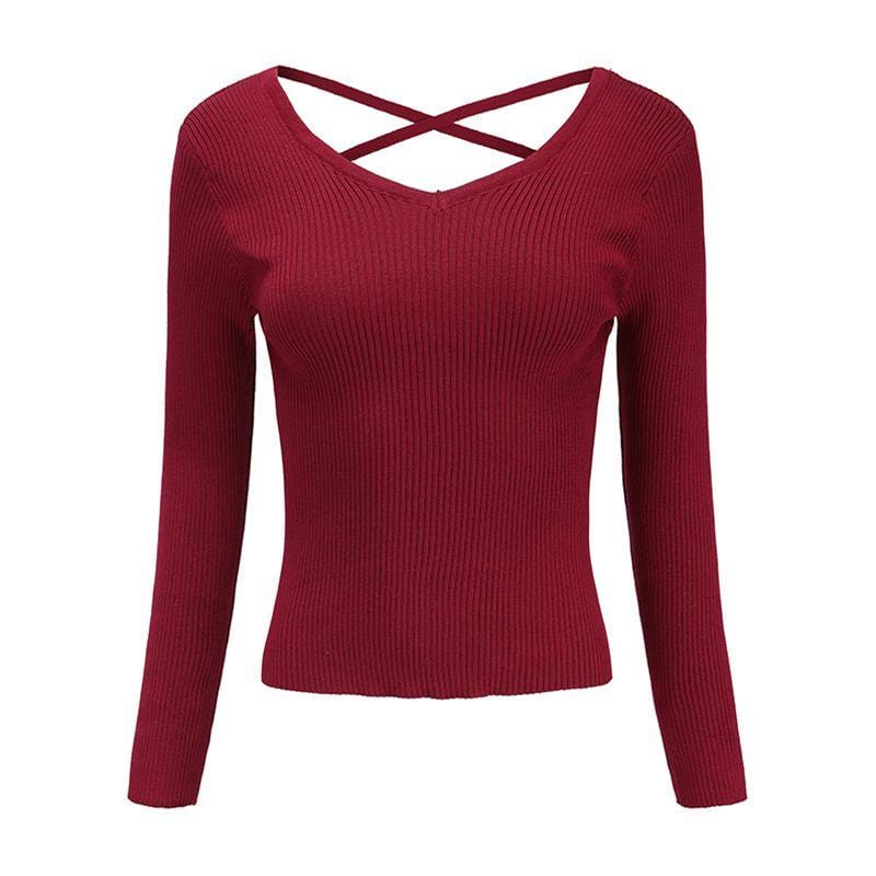 Women Unique Design Sexy Backless V Neck Solid Color Bottoming Sweater